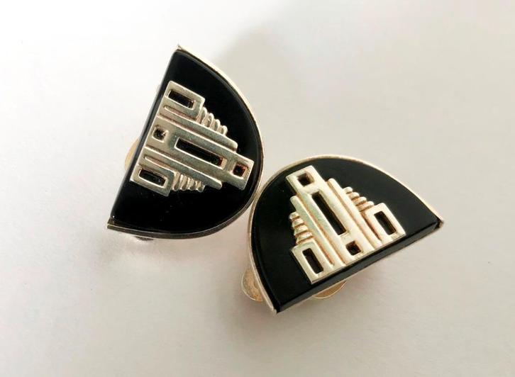 925 zilveren Art Deco by E. Koller oorclips oorbellen Onyx, Sieraden, Tassen en Uiterlijk, Antieke sieraden, Oorbellen, Zilver