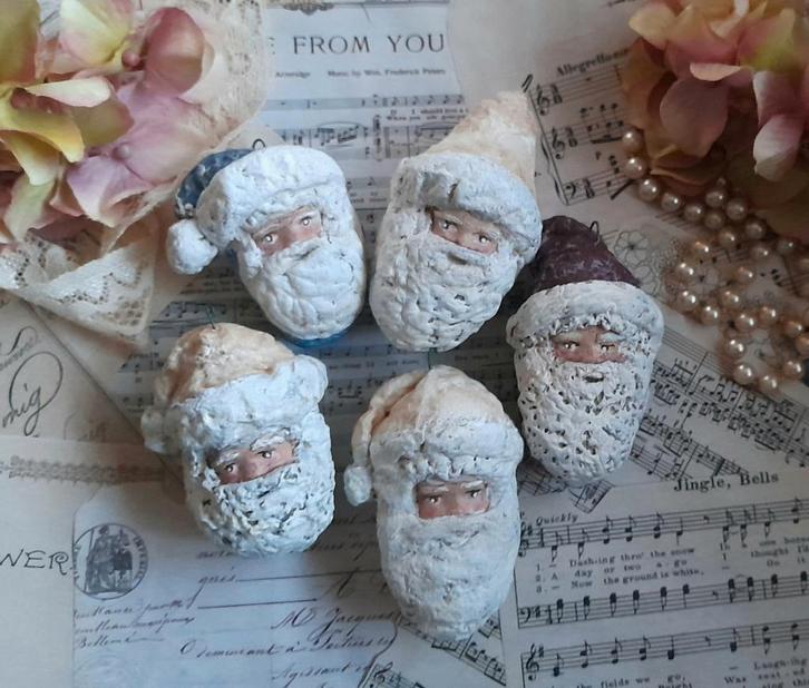 Prachtige brocante wattenpop Kerstman hoofdjes Kerst, Antiek en Kunst, Curiosa en Brocante, Ophalen of Verzenden