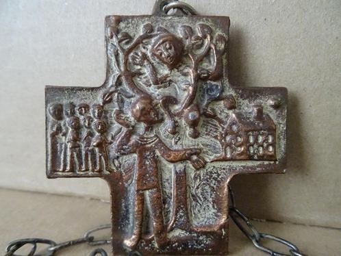 Antiek reliëf Heilige Zacharias en engel koperen kruisreliëf, Antiek en Kunst, Antiek | Religie, Ophalen of Verzenden