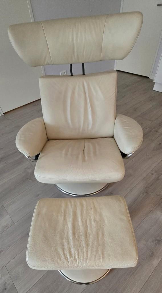 Stressless Jazz relaxfauteuil met hocker MUST-GO, Huis en Inrichting, Fauteuils, Gebruikt, Leer, Metaal, Overige materialen, 50 tot 75 cm