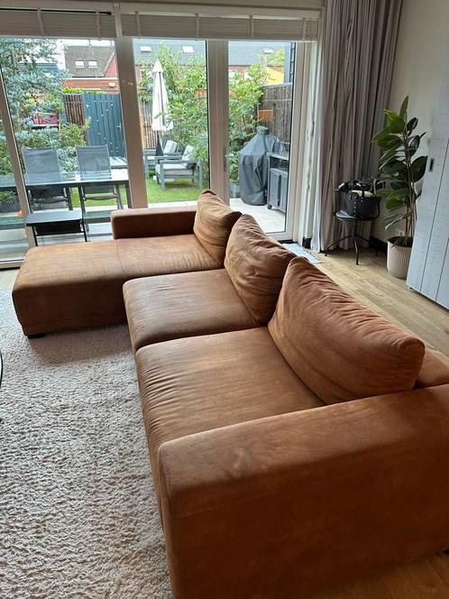 Mooie Montel bank met Longchair in cognac kleur, Huis en Inrichting, Banken | Bankstellen, Gebruikt, Hoekbank, Vierpersoons of meer