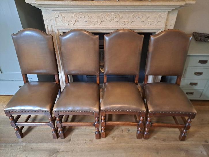 Antieke Eetkamerstoelen Set van 4 - Eikenhout & Leder, Antiek en Kunst, Antiek | Meubels | Stoelen en Banken, Ophalen