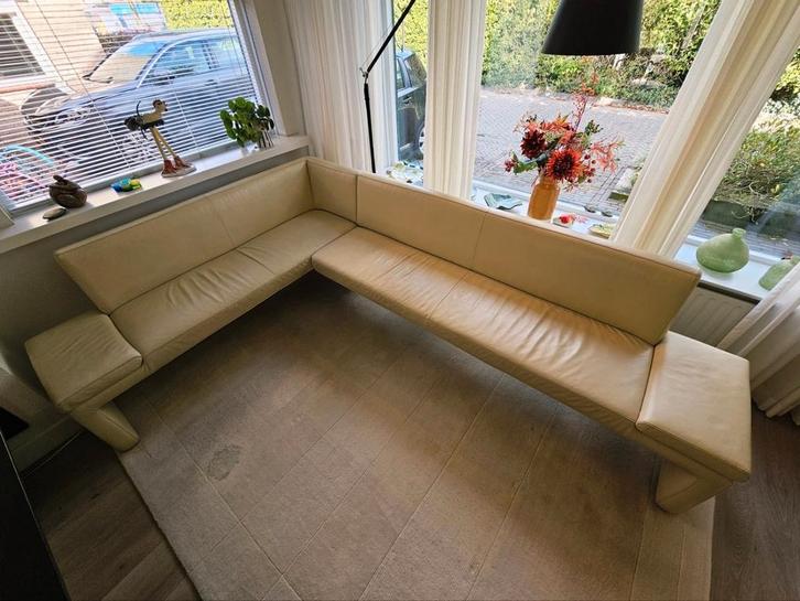 Leren eethoekbank 298 x 198 cm crèmekleurig, Huis en Inrichting, Banken | Complete zithoeken, Gebruikt, Leer, Ophalen