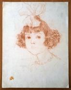 A493-79 Oude tekening Portret meisje met strik rood potlood, Ophalen of Verzenden