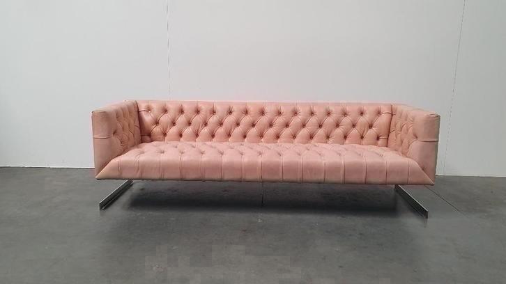 chesterfield vintage design bank camel beige leer kubus, Huis en Inrichting, Banken | Bankstellen, Gebruikt, Rechte bank, 75 tot 100 cm