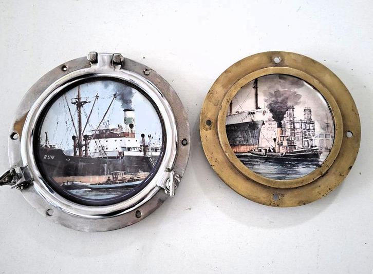 vintage patrijspoort decoratie schilderijtje scheepvaart, Verzamelen, Scheepvaart, Zo goed als nieuw, Boek of Tijdschrift, Motorboot