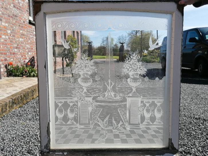 2 antieke glasramen, Doe-het-zelf en Verbouw, Glas en Ramen, Gebruikt, Gevelraam of Ruit, Minder dan 80 cm, Minder dan 80 cm, Ophalen