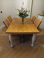 Massief houten eettafel met 4 Loomstoelen, Ophalen, Gebruikt, Landelijk, 4 tot 6 stoelen