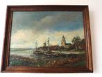 Olieverfschild.  H.C. Kranenburg "Dorpskerk met visserboten", Ophalen of Verzenden
