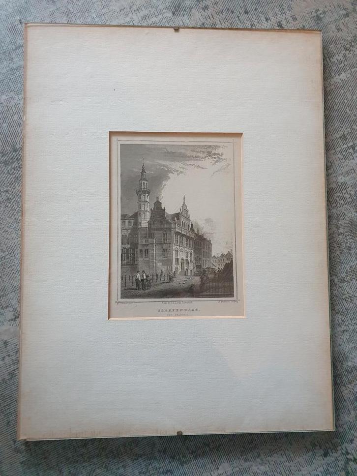 Den Haag Stadhuis - Historische Prent, Antiek en Kunst, Kunst | Etsen en Gravures, Ophalen of Verzenden