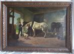 H. van Leeuwen - Paarden op stal - 1920, Antiek en Kunst, Kunst | Schilderijen | Klassiek, Ophalen of Verzenden