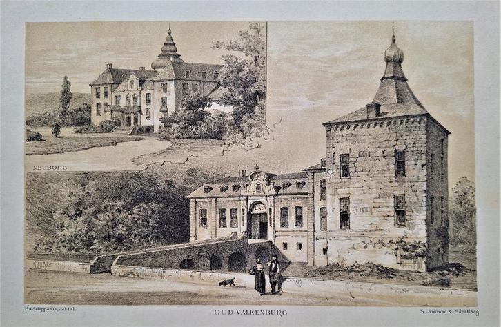 Neuborg (Gulpen); Oud Valkenburg. Litho uit ca. 1880, Antiek en Kunst, Kunst | Litho's en Zeefdrukken, Ophalen of Verzenden