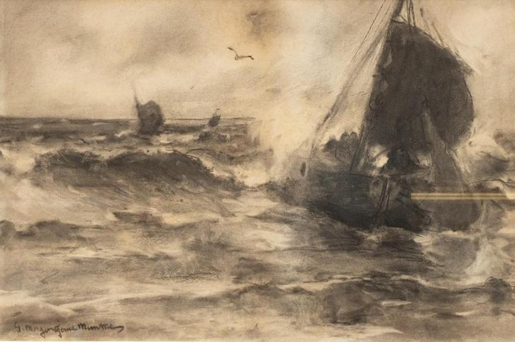 Gerhard Morgenstjerne Munthe, Bomschuiten op turbulente zee, Antiek en Kunst, Kunst | Schilderijen | Klassiek, Ophalen of Verzenden