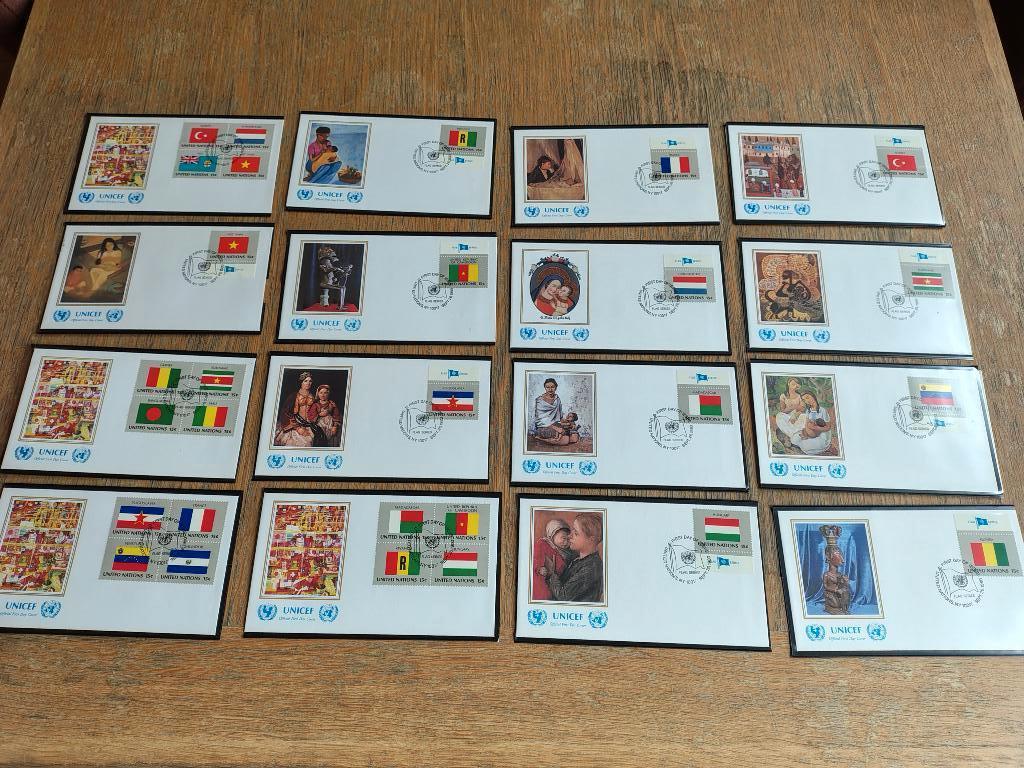 UN United Nations FDC NY UNICEF Cachet Flag Series x 16, Ophalen of Verzenden, Gestempeld, Overige thema's