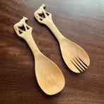 Vintage handgesneden houten saladebestek – luipaarden, Ophalen of Verzenden