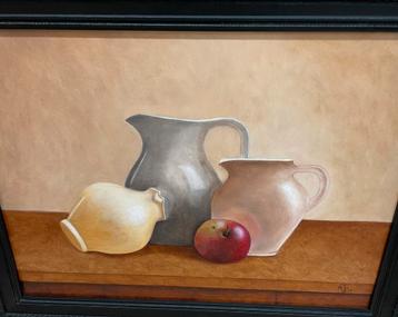 Stilleven met kannen en appel gesigneerd beschikbaar voor biedingen