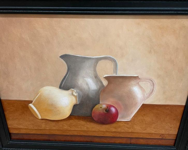 Stilleven met kannen en appel gesigneerd, Antiek en Kunst, Kunst | Schilderijen | Klassiek, Ophalen of Verzenden