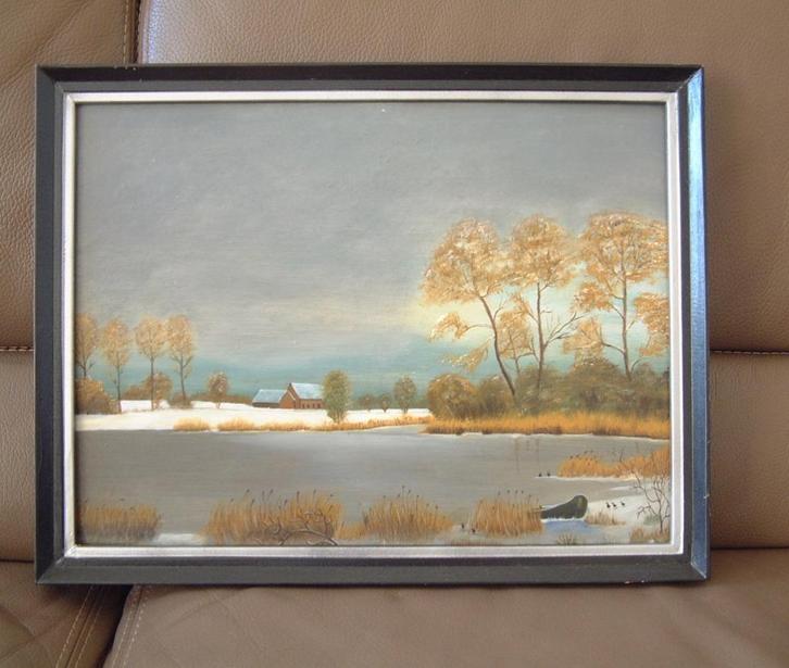 prachtig echt winter olieverf schilderij op board in lijst, Antiek en Kunst, Kunst | Schilderijen | Klassiek, Ophalen of Verzenden