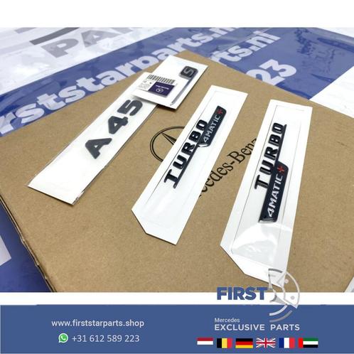 W177 A45S AMG LOGO SET ZWART EMBLEMEN Mercedes A KLASSE 45 S, Auto-onderdelen, Carrosserie en Plaatwerk, Mercedes-Benz, Gebruikt