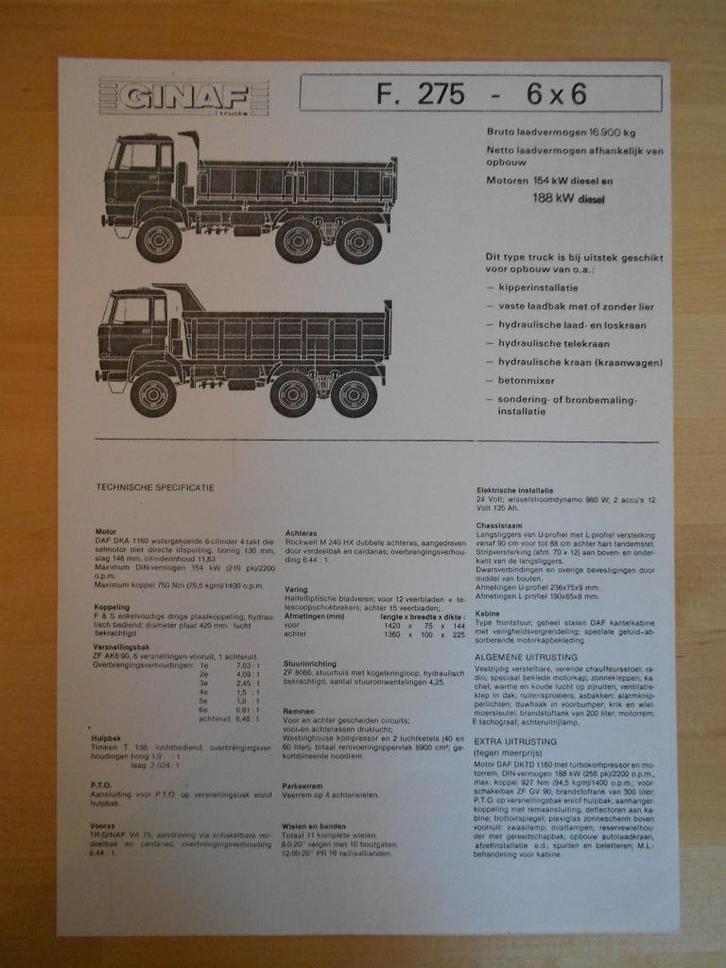 GINAF F275 6x6 Technische Specificatie folder 1980, Boeken, Auto's | Folders en Tijdschriften, Zo goed als nieuw, Overige merken