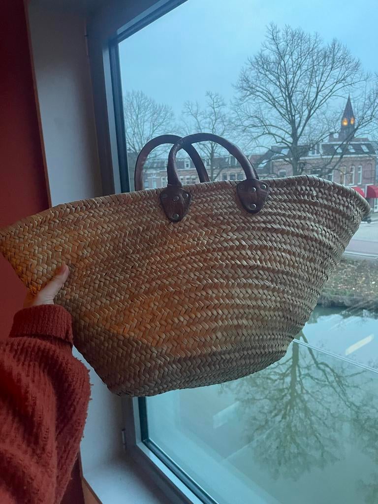Rieten tas met leren hengsels, Ophalen of Verzenden, Beige, Shopper