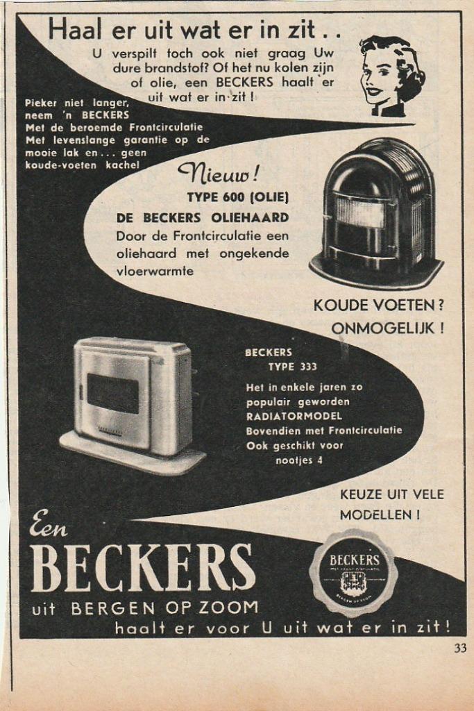 Retro reclame 1958 Beckers Bergen op Zoom kachel 600 333, Verzamelen, Retro, Overige typen, Verzenden