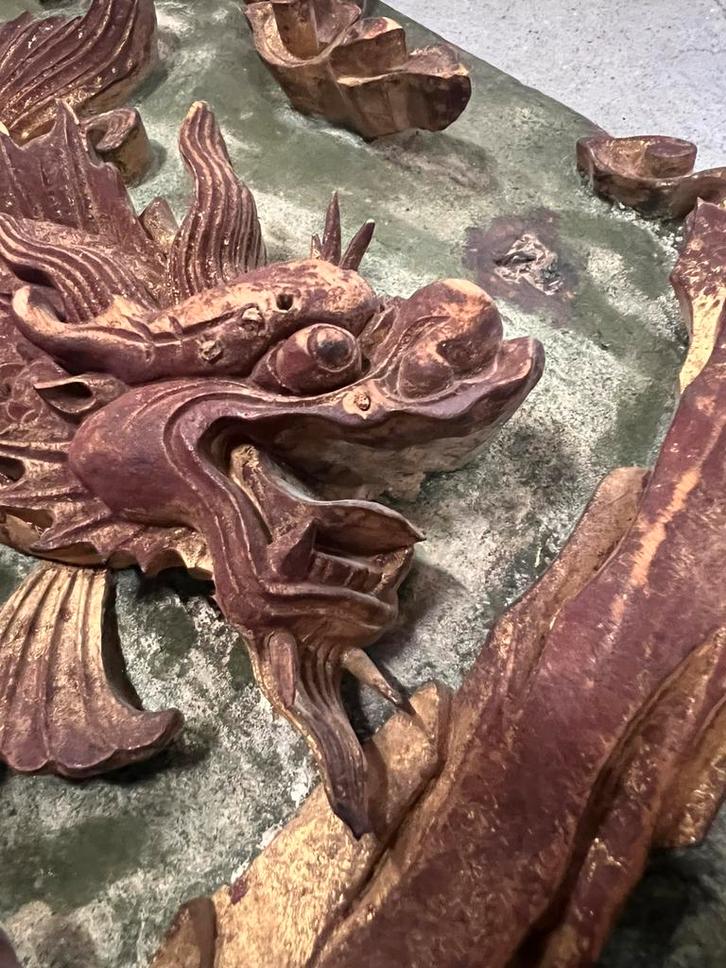 Antiek Chinees houtsnijwerk paneel met draak – 111 cm, Antiek en Kunst, Kunst | Beelden en Houtsnijwerken, Ophalen of Verzenden