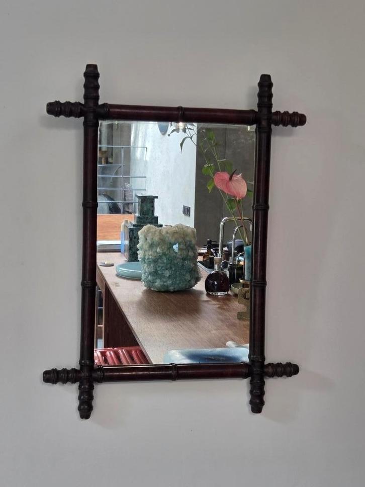 Antieke faux bamboe spiegel, Antiek en Kunst, Antiek | Spiegels, Minder dan 50 cm, Minder dan 100 cm, Rechthoekig, Ophalen of Verzenden