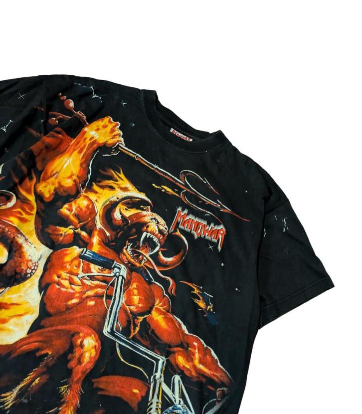 Vintage Man O War Tour All Over Print Tee – XL, Kleding | Heren, T-shirts, Zo goed als nieuw, Maat 56/58 (XL), Zwart, Ophalen of Verzenden