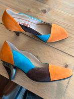 Leer, maat 39, bruin oranje turquoise pumps met aparte hak, Nieuw, Ophalen of Verzenden, Bruin