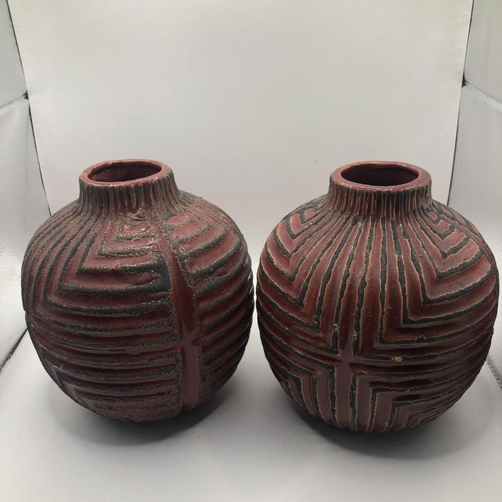 Set van 2 keramieken vazen – 18 cm – tribal/ethno stijl, Huis en Inrichting, Woonaccessoires | Vazen, Zo goed als nieuw, Overige kleuren