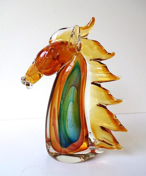 Glazen beeld hoofd van paard oranjegeel bruin Murano 2819-g, Antiek en Kunst, Antiek | Glas en Kristal, Ophalen