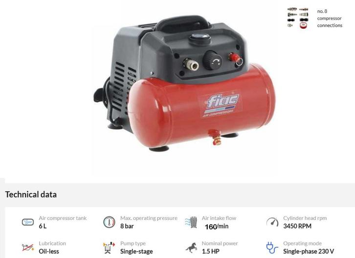 Compressor - Fiac Cuby 6/1100 Portable 6L 1,5Hp 1,1Kw 8 Bar, Doe-het-zelf en Verbouw, Compressors, Nieuw, 6 tot 10 bar, Minder dan 25 liter