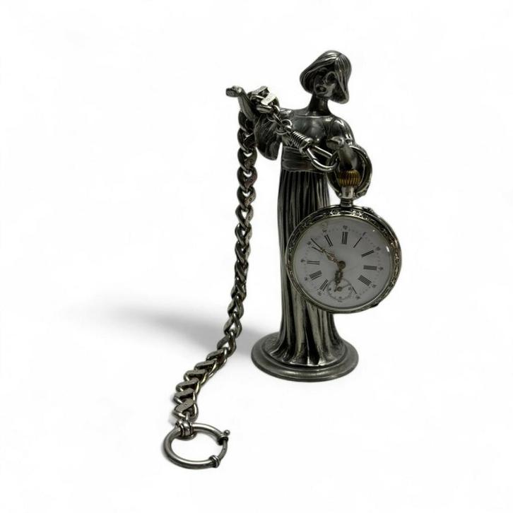Zilveren zakhorloge met tinnen houder, Antiek en Kunst, Antiek | Klokken, Ophalen of Verzenden