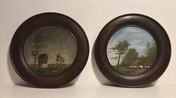 2 antieke ronde schilderijen beschikbaar voor biedingen