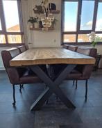 Eetkamer van 6 leren stoelen met stalen poten op wieltjes, Ophalen, Gebruikt, Bruin, Leer