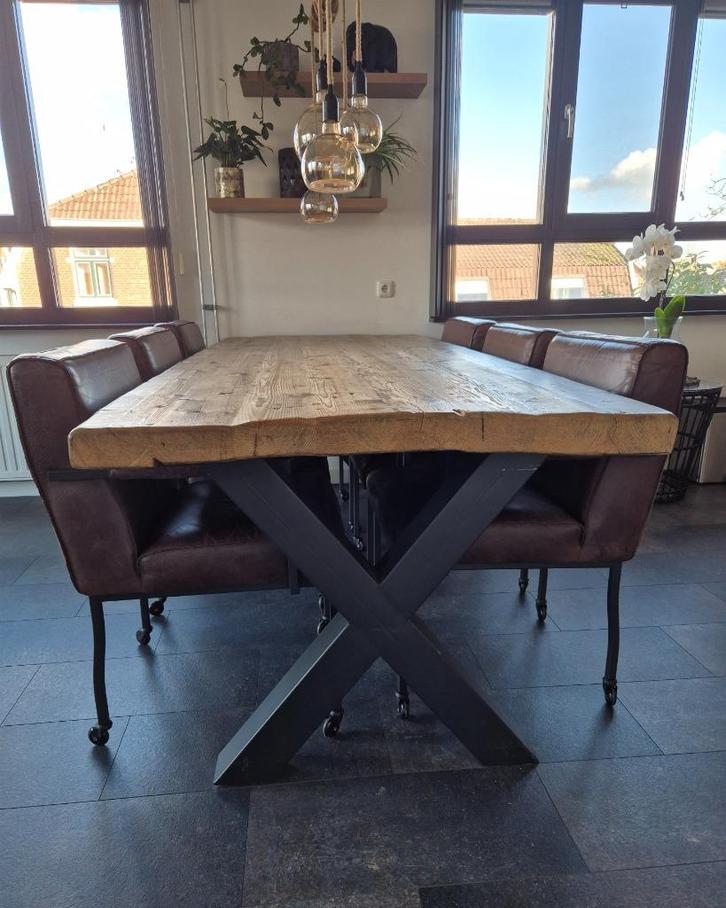 Set van 6 leren stoelen met stalen poten op wieltjes, Huis en Inrichting, Stoelen, Gebruikt, Vijf, Zes of meer stoelen, Leer, Bruin