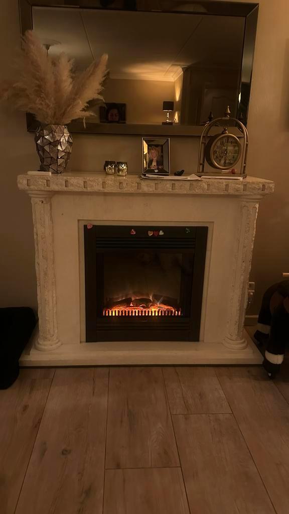 Woonkamer Fossiel Set: Eettafel, salon tafel Haard, TV Kast, Huis en Inrichting, Haarden, Gebruikt, Houthaard, Ophalen of Verzenden