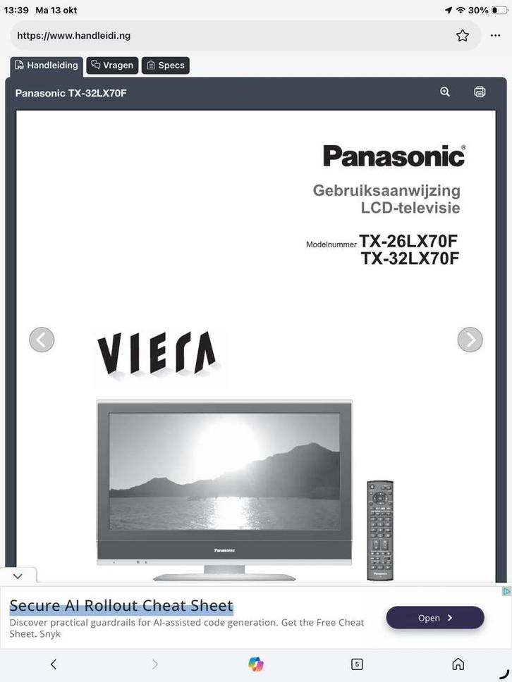 Panasonic 32" LCD TV - TX32LX70F, Audio, Tv en Foto, Televisies, Gebruikt, LCD, 60 tot 80 cm, HD Ready (720p), Panasonic, 50 Hz