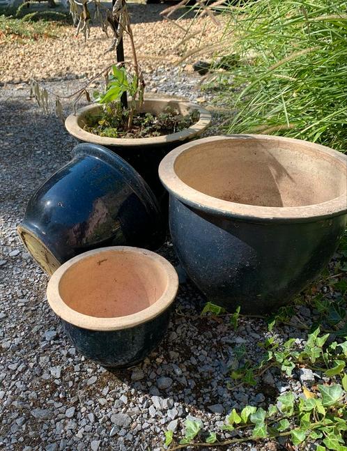 Blauwe geglazuurde bloempotten, Tuin en Terras, Bloembakken en Plantenbakken, Gebruikt, Overige materialen, Binnen, Balkon, Tuin