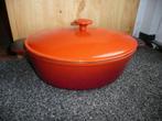 Oranje ovale gietijzeren braadpan, Huis en Inrichting, Keuken | Potten en Pannen, Gebruikt, Gietijzer, Ophalen of Verzenden, Keramische plaat
