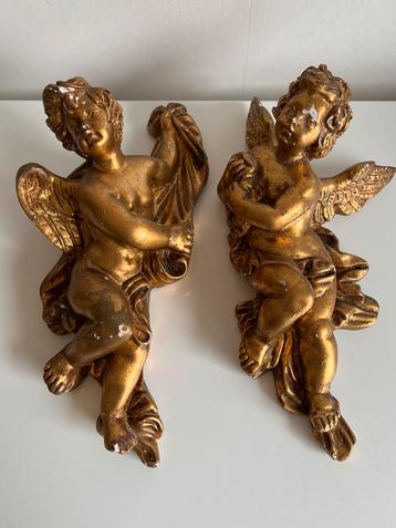2 Vintage Gouden Wandornament Kerst Engelen Putti Gips 50’s beschikbaar voor biedingen