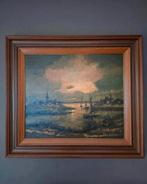 Antiek schilderij92 cm x 82 cm "vissersdorp bij maanlicht", Ophalen