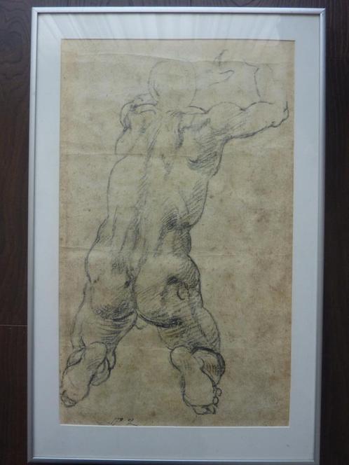 reproductie Michelangelo knielende man 35 x 55cm ingelijst, Antiek en Kunst, Kunst | Tekeningen en Foto's, Ophalen of Verzenden