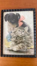 Oude print met hond en kat, ingelijst, Antiek en Kunst, Kunst | Tekeningen en Foto's, Ophalen of Verzenden