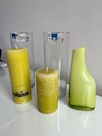 Kaarsenset lichtgroen met glazen kaarsenhouders en vaasje, Ophalen of Verzenden, Zo goed als nieuw, Overige materialen, Minder dan 25 cm