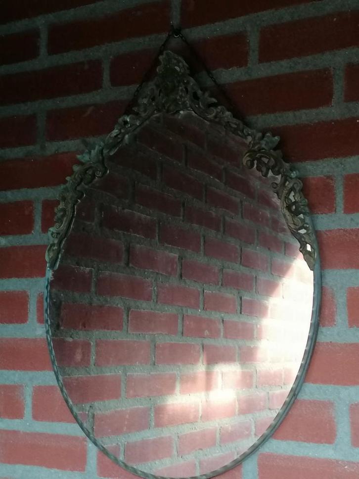 Antieke Spiegel met Koperen Rand, Antiek en Kunst, Antiek | Spiegels, Minder dan 50 cm, Minder dan 100 cm, Ovaal, Ophalen