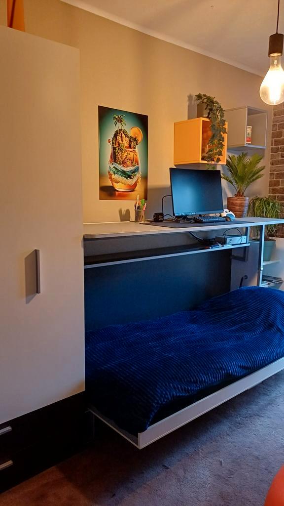 Inklapbaar bedmeubel met linnenkast en bureau, Huis en Inrichting, Slaapkamer | Bedden, Gebruikt, Eenpersoons, 90 cm, Metaal, Wit