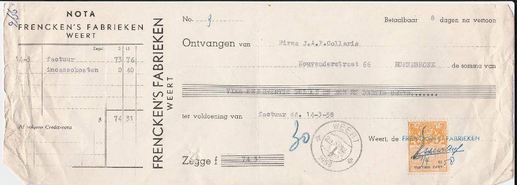 WEERT 1958 kwitantie FRENCKEN's Fabrieken, Verzamelen, Verzenden, 1940 tot 1960, Gelopen, Limburg