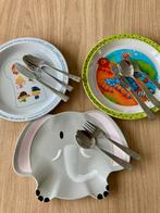3 kinderbordjes & kinderbestek, Ophalen of Verzenden, Zo goed als nieuw